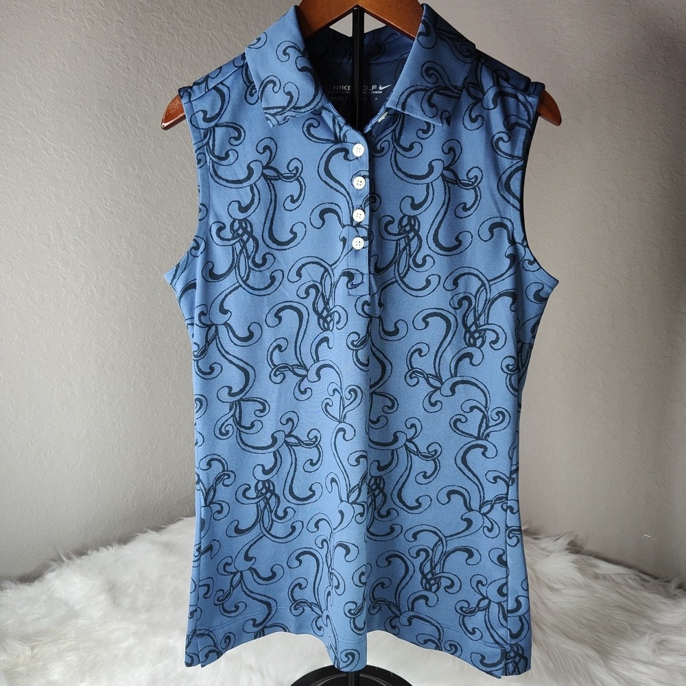 Nike Golf Woman's Jacquard Sleeveless Polo‎ Blue Paisley Print All Over Sz Small